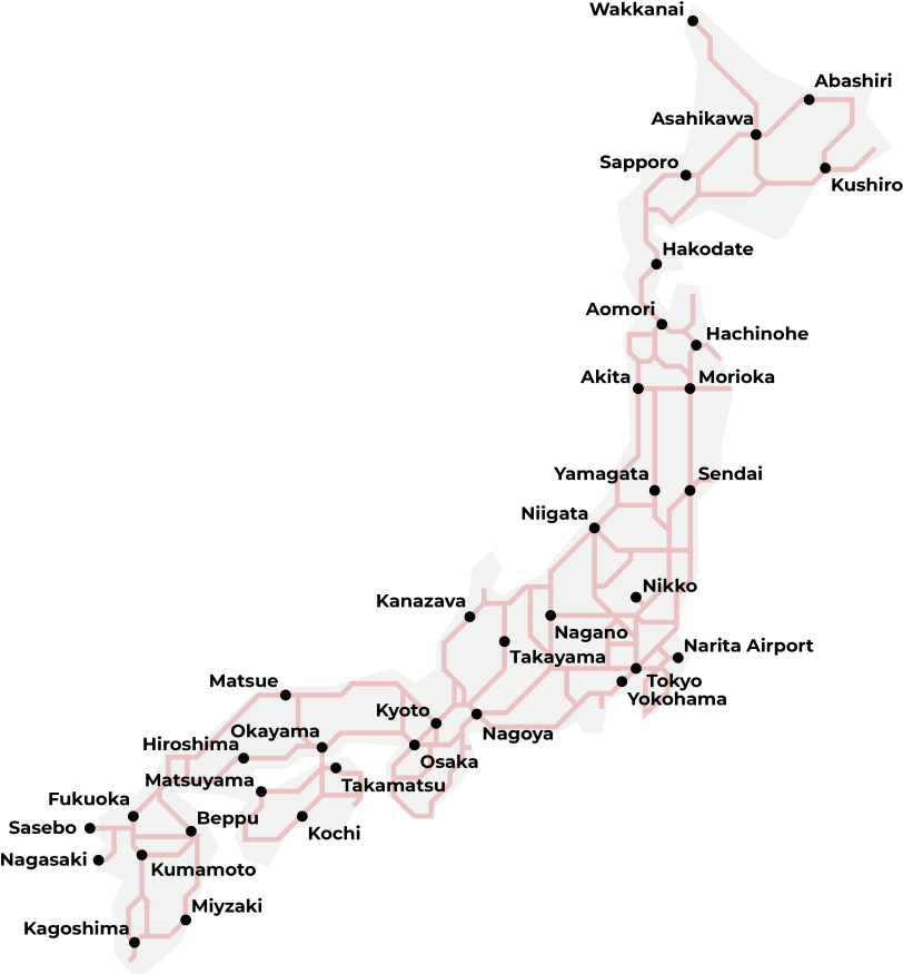 Kort, der viser Japan Rail (JR)-netværket og togruter i hele Japan.