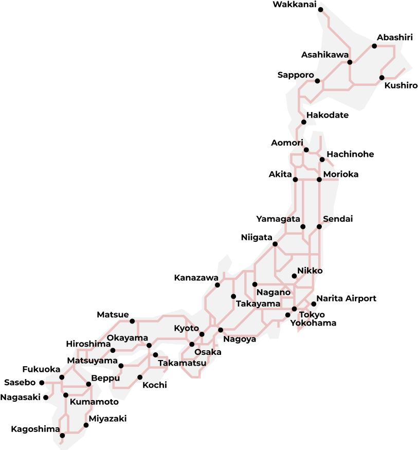 Et forenklet kort over Japan, der viser hvor Japan Rail Pass kan bruges