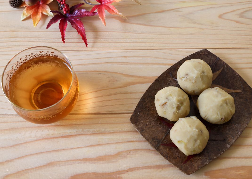 Sweet chestnut paste dumpling called Kurikinton in japan on the plate