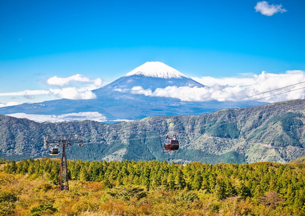 Kabelbane med udsigt over Mount Fuji, Owakudani, Hakone, Japan