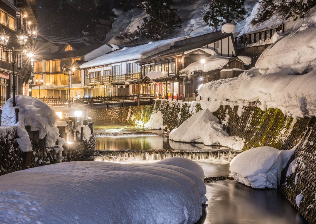 Ginzan Onsen om vinteren, Yamagata, Japan