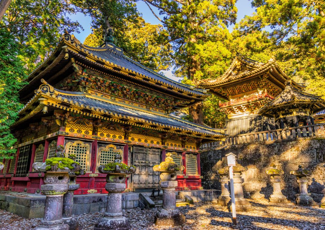 Nikko Toshogu-helligdommen med sine karakteristiske gyldne dekorationer omgivet af skov i Nikko, Japan.