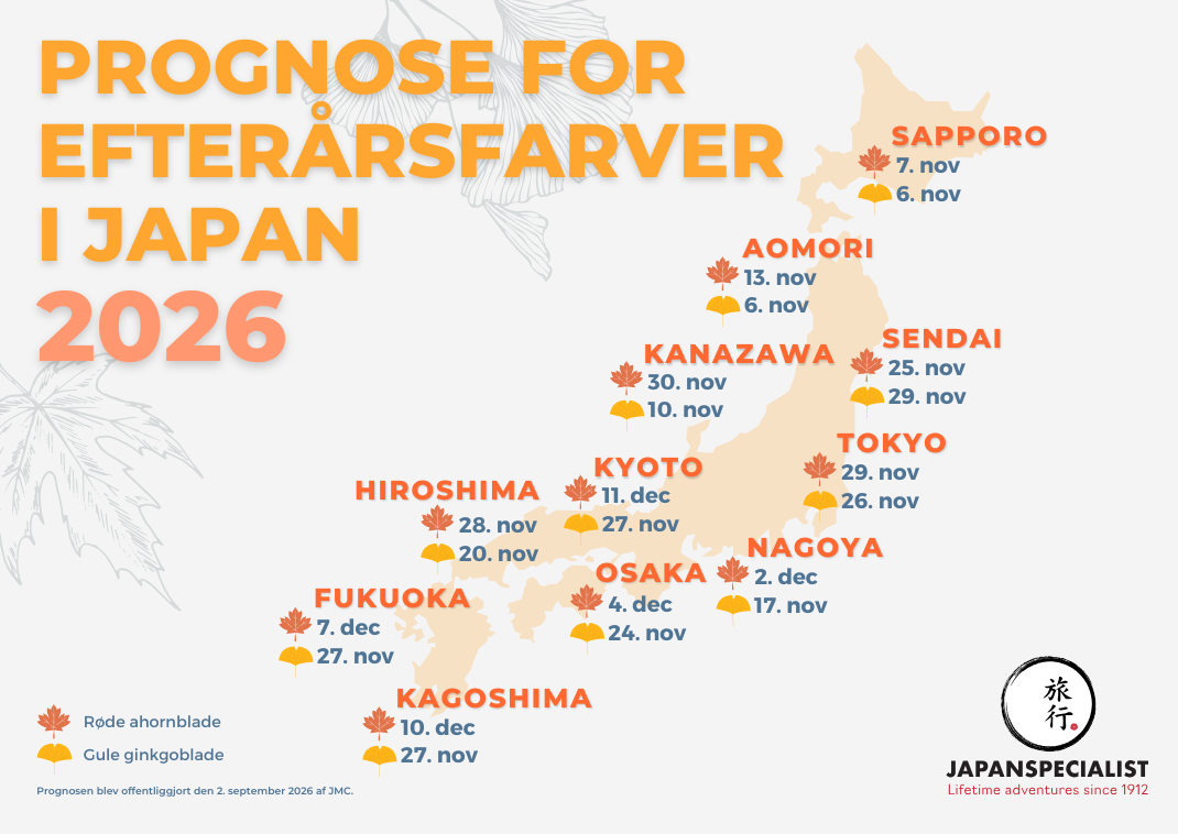 Kort over prognosen for efterårsfarverne i Japan i 2026.