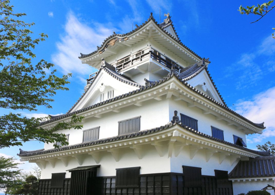 Et nærbillede af et hvidt japansk slot med mørkt tag mod en lyseblå himmel, delvist indrammet af grønne blade.