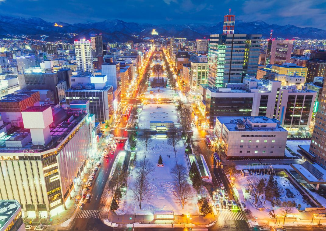 Byudsigt over Odori Park fra Sapporo TV-tårn, oplyst i vintersæsonen.