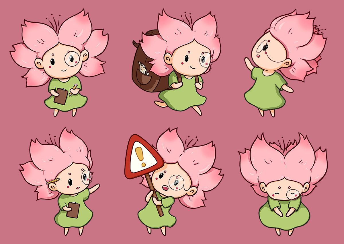 Seks forskellige designudkast til Japanspecialists maskot Mono-chan.