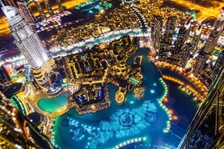 Close-up foto af Dubai centrum om natten, Dubai 