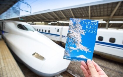 Hånd med en Japan Rail Pass-billet foran en Shinkansen på Tokyo Station